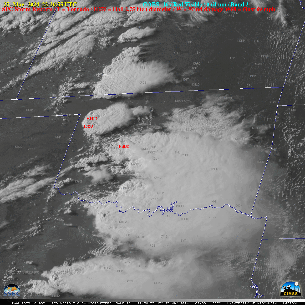 GOES-16 Visible images + SPC Storm Reports