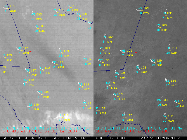 GOES-11 IR difference image / GOES-12 visible image
