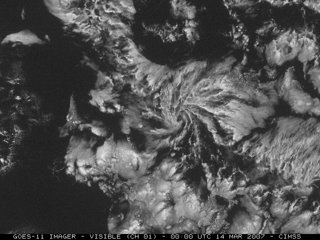 GOES-11 Visible (0.65 µm) and Shortwave Infrared (3.9 µm) images [click to play animation]