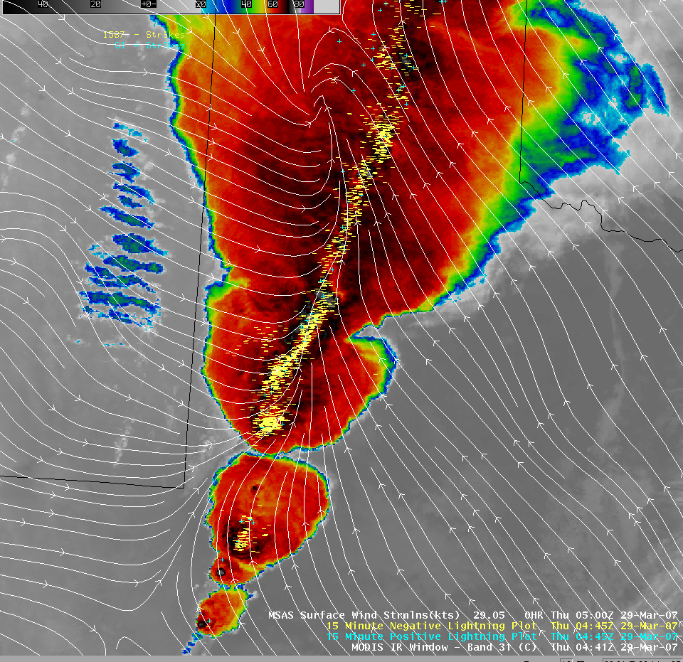 AWIPS IR image with lightning and surface winds