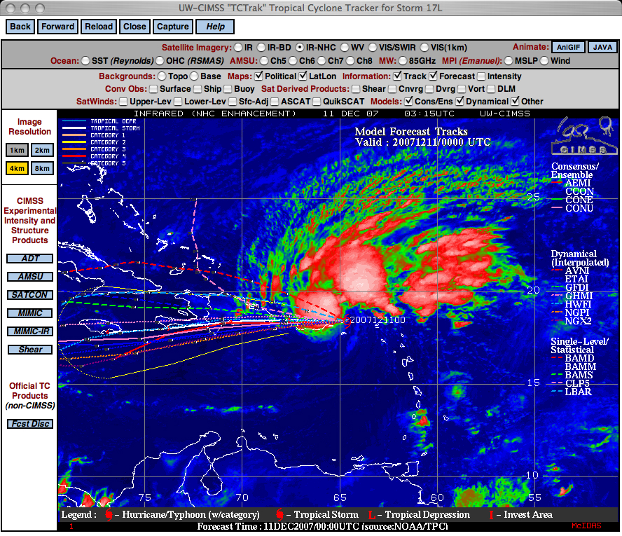 GOES-10 IR image + model forecast tracks