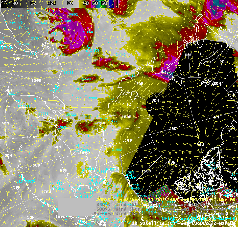 AWIPS IR image + 700 hPa model winds