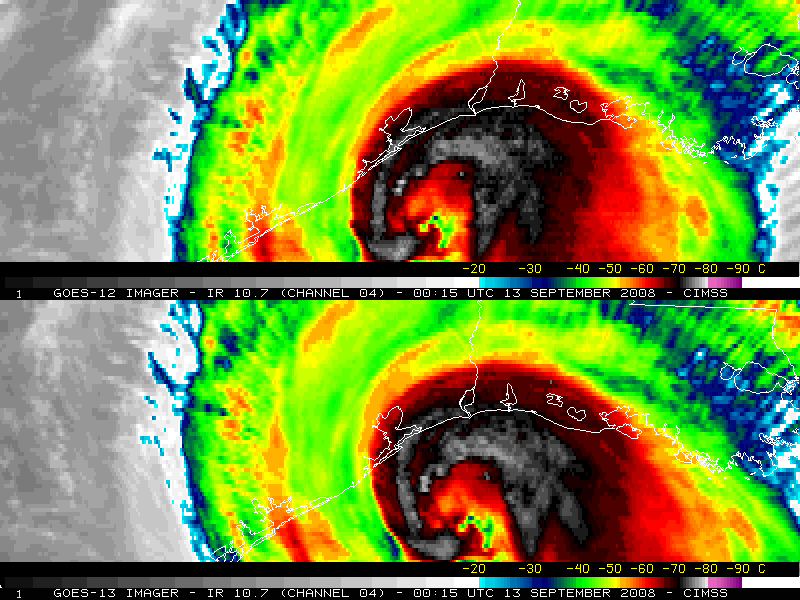 GOES-12 vs GOES-13 IR images (Hurricane Ike making landfall)