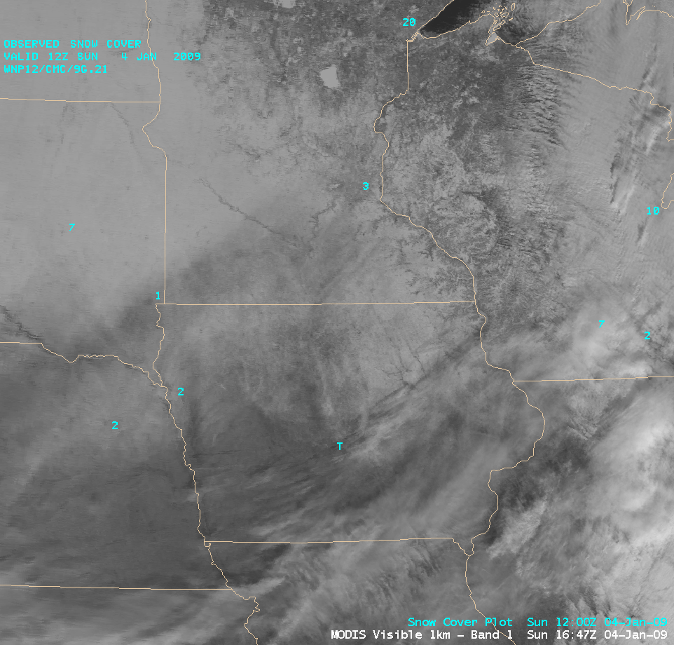 MODIS visible, snow/ice, and IR window channel images