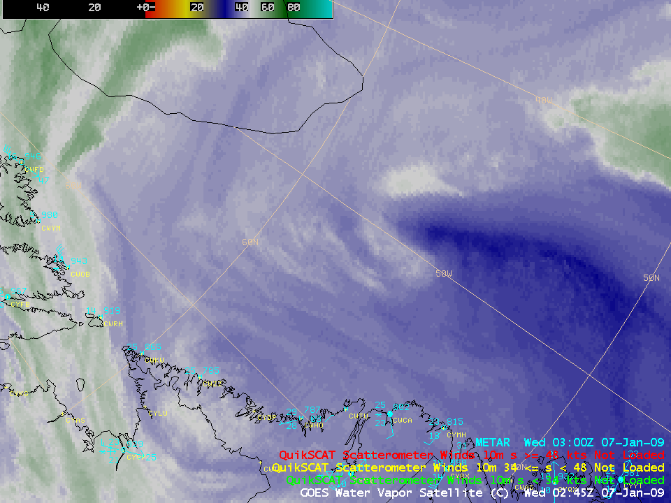 GOES-12 6.5 Âµm water vapor images + QuikSCAT winds