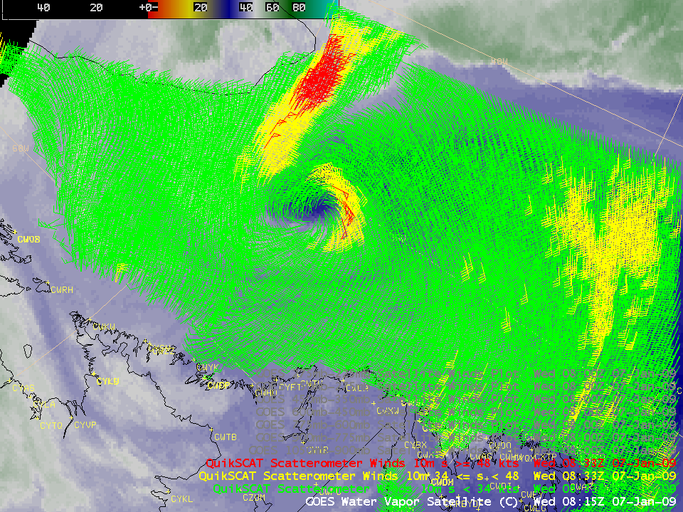 GOES-12 water vapor image + GOES-12 winds + QuikSCAT winds