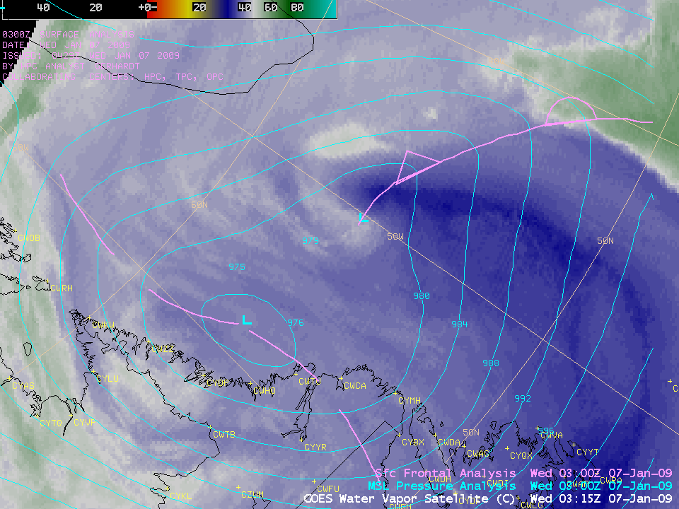 GOES-12 water vapor images + HPC surface front analysis
