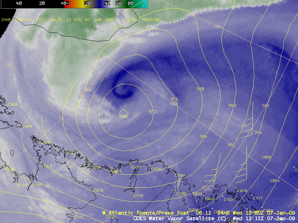 GOES-12 water vapor image + 24-hour forecast of surface fronts/pressure