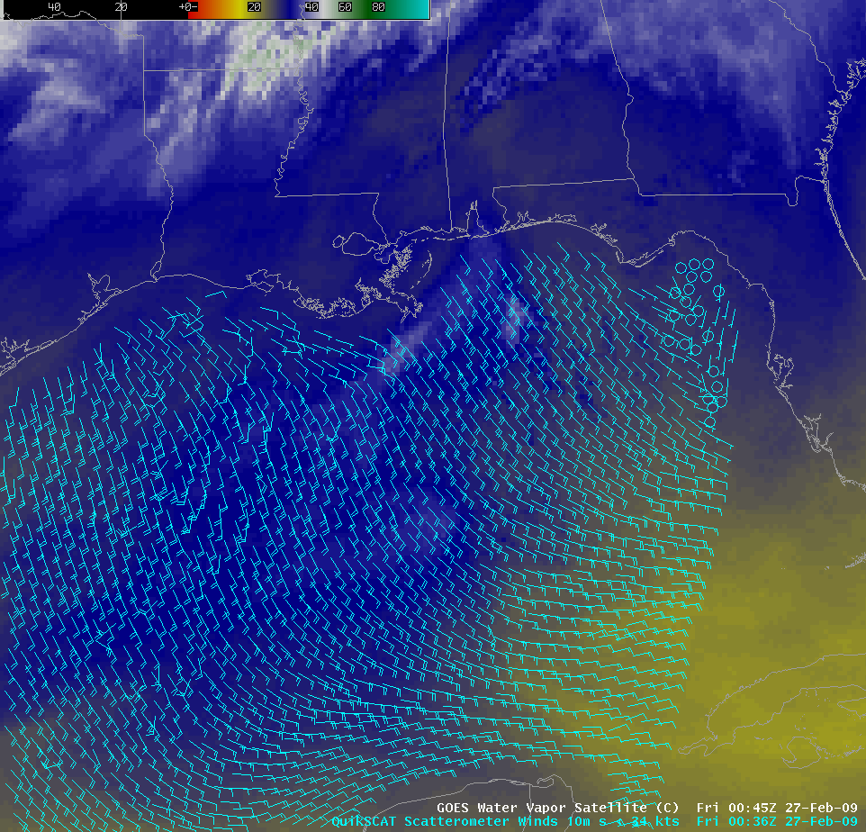 GOES-12 water vapor image + QuikSCAT winds
