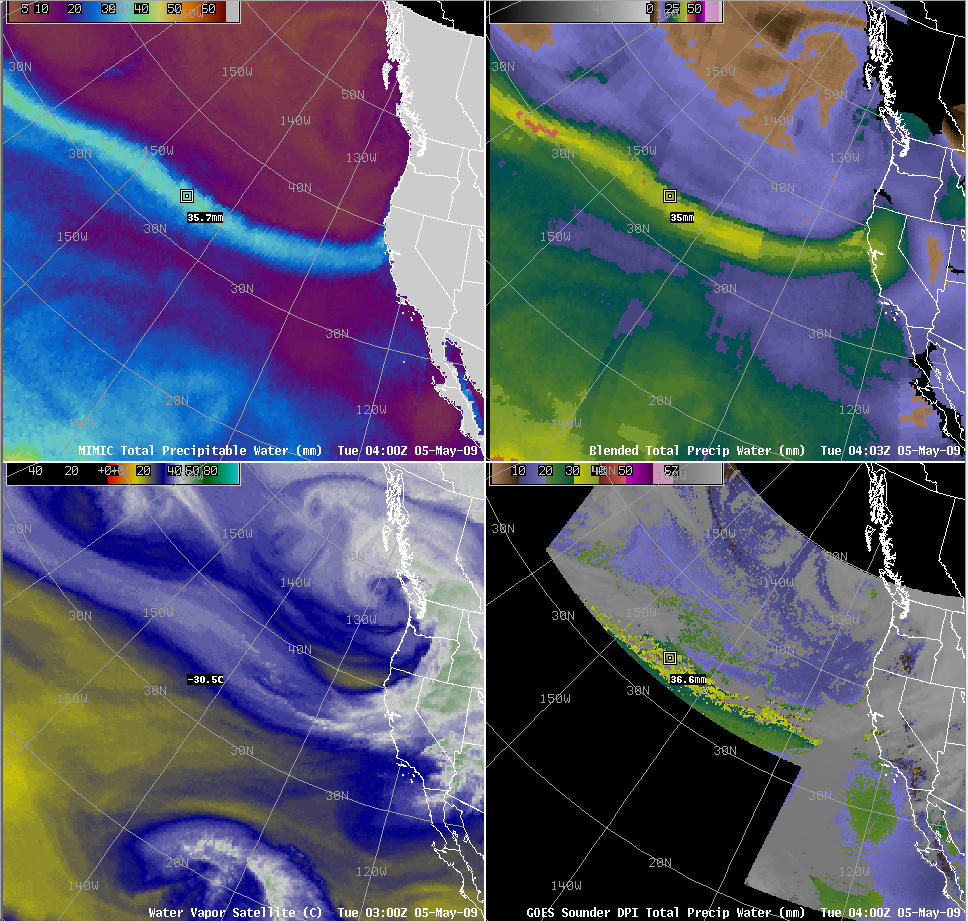 Comparison of MIMIC TPW, Blended TPW, GOES Sounder TPW, and water vapor imagery