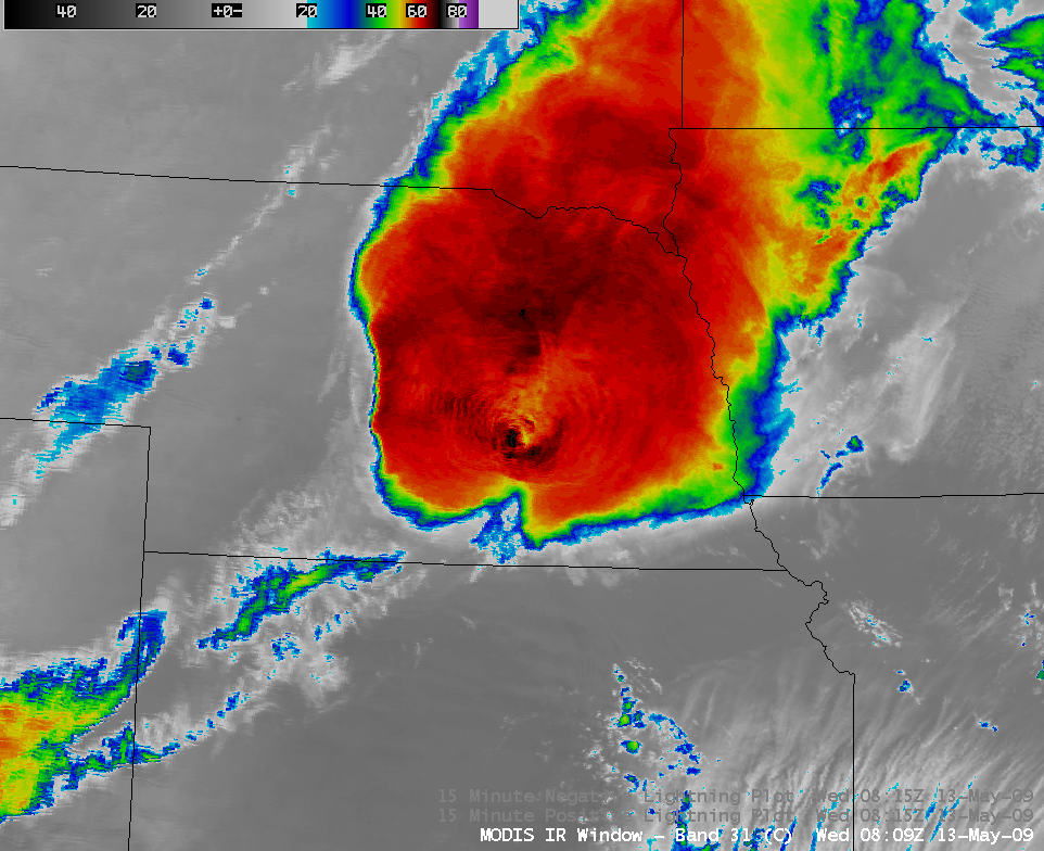 MODIS 11.0 Âµm IR image + storm reports + lightning data