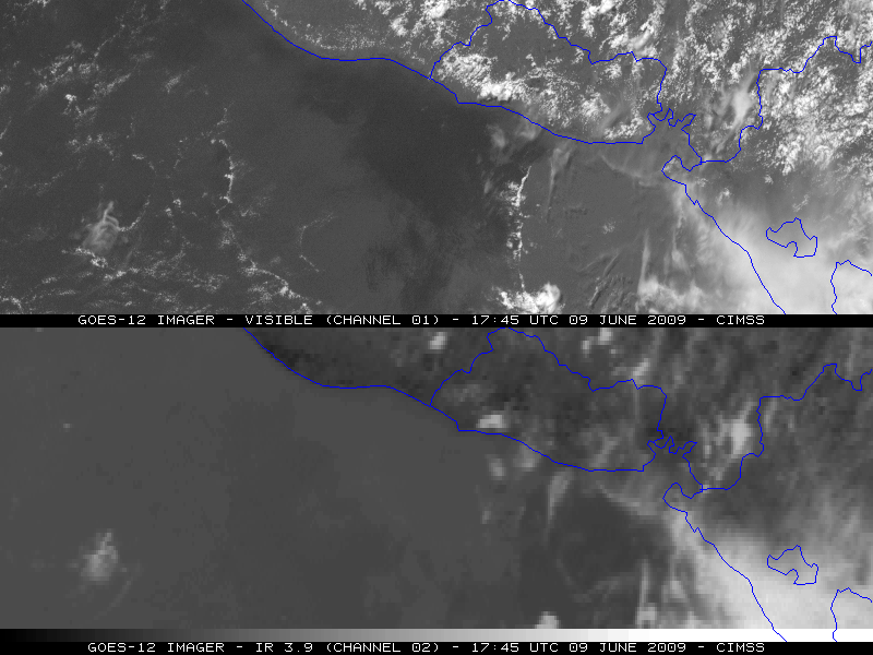 GOES-12 visible and 3.9 Âµm shortwave IR images