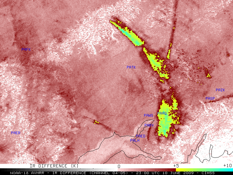 NOAA-18 IR difference product (10.8 - 12.0 Âµm, channel 04 - 05)