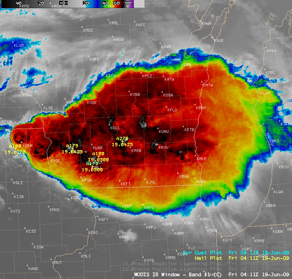 MODIS 11.0 Âµm IR image + SPC storm reports