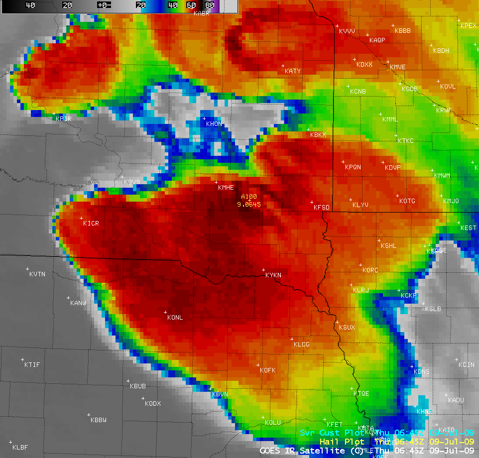 GOES-12 10.7 Âµm IR images + hail and wind reports