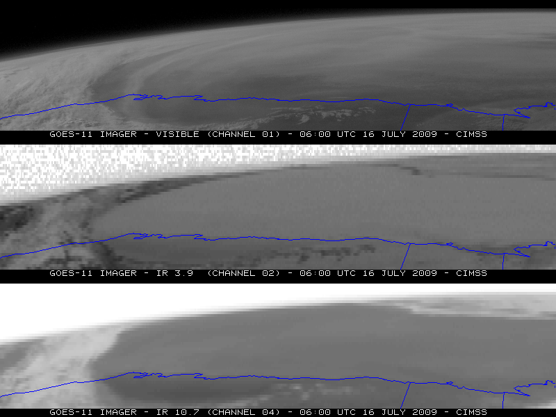 GOES-11 visible, 3.9 Âµm IR, and 10.7 Âµm IR images