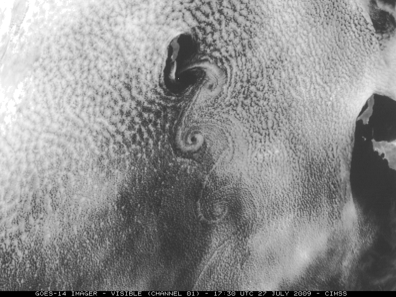 GOES-14 visible image (von Karmann vorticies off Baja California)