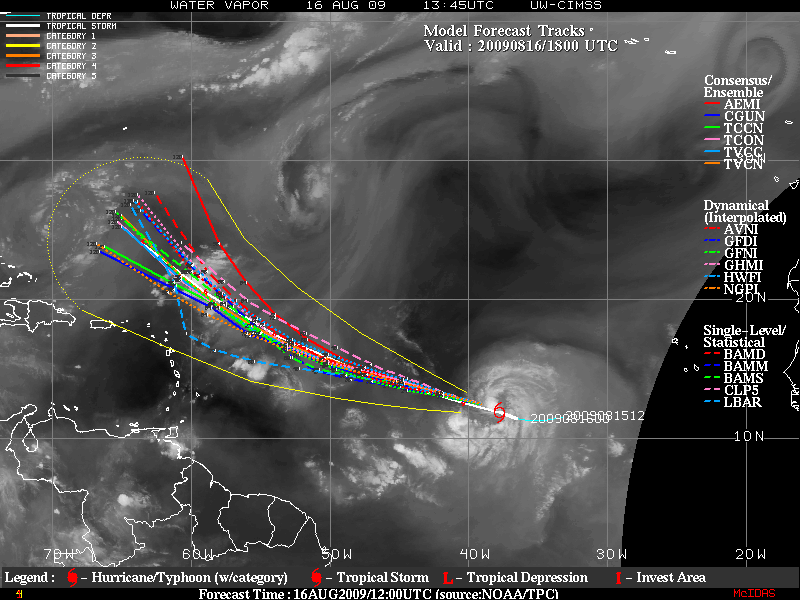 GOES-12 water vapor images + model forecast tracks