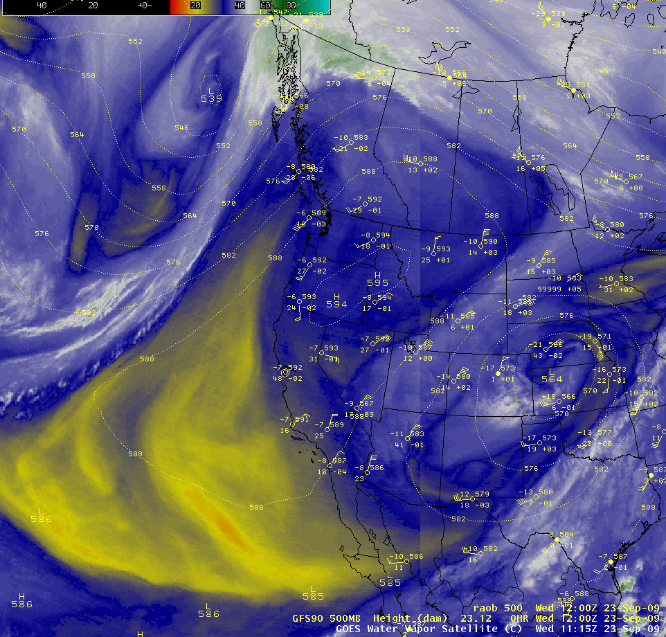 GOES-11/GOES-12 water vapor composite image + GFS 500 hPa height