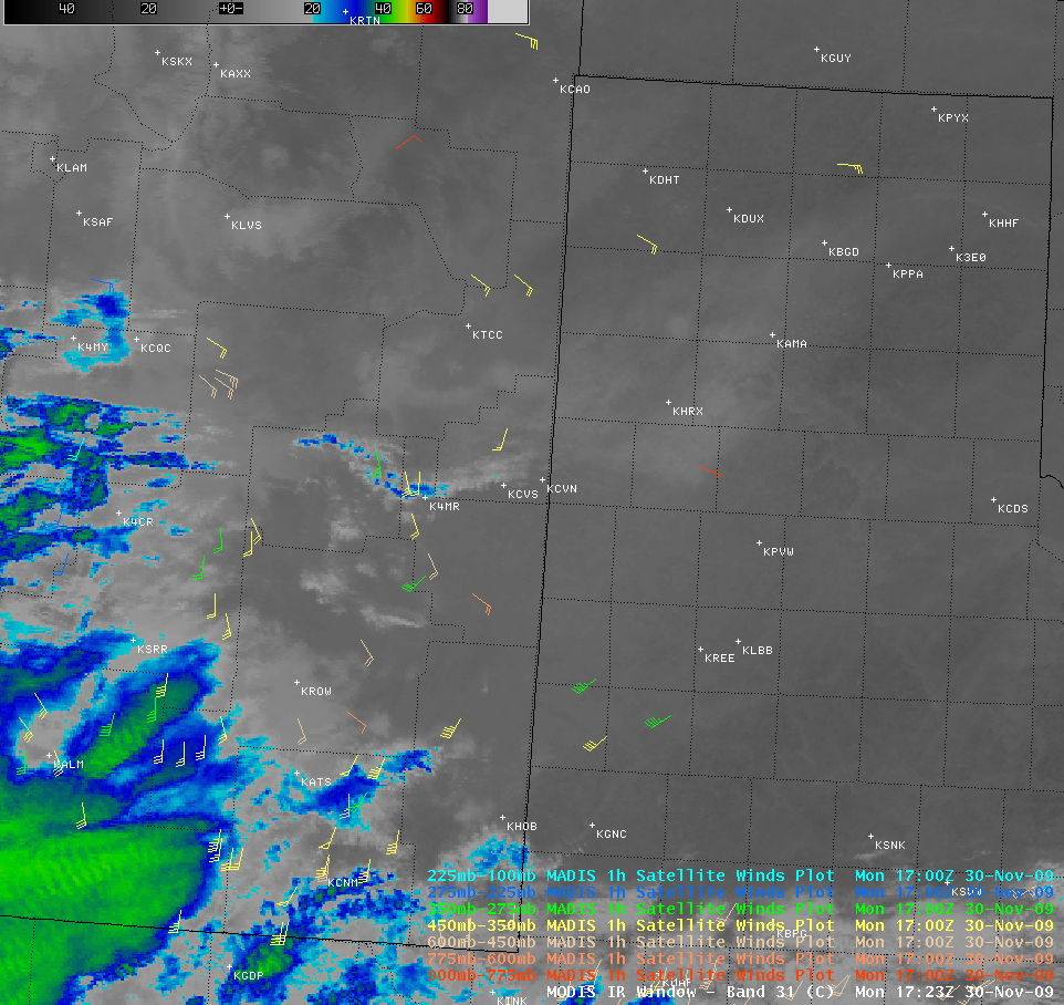 MODIS IR image with MADIS 1-hour atmospheric motion vectors