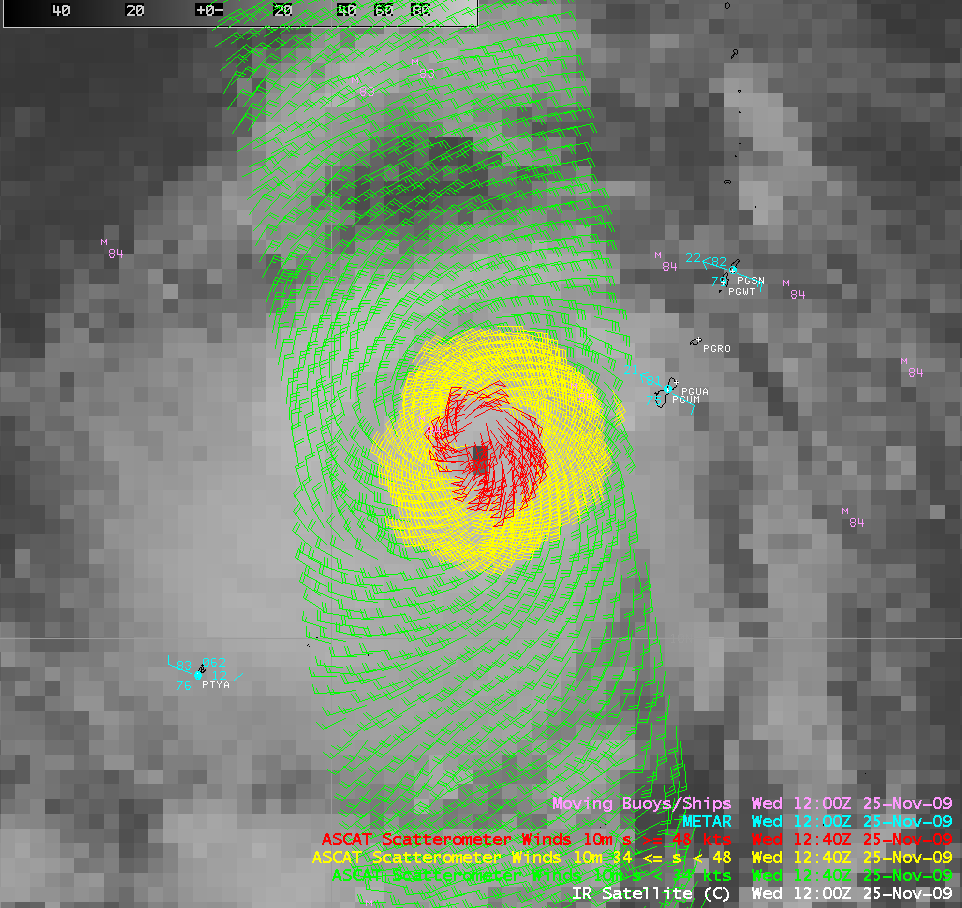 MTSAT-2 IR image + ASCAT scatterometer winds
