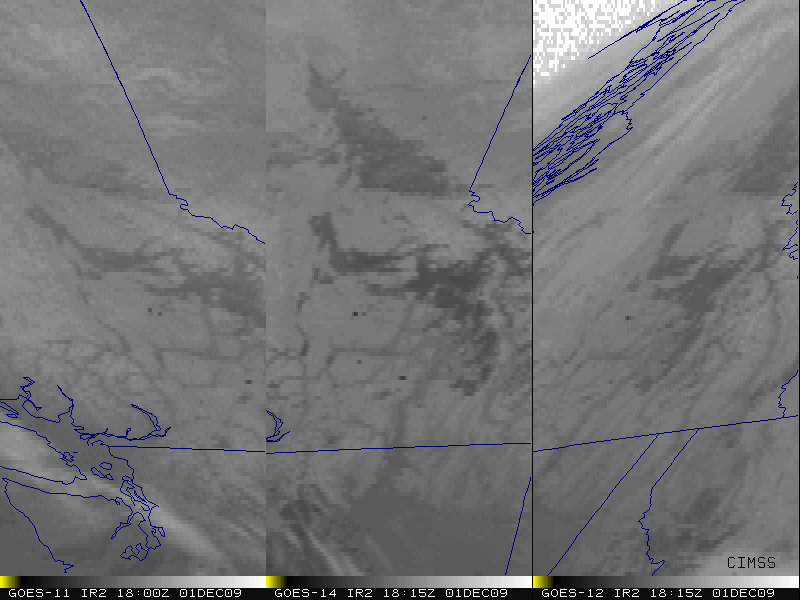 GOES-11, GOES-14, and GOES-12 3.9 Âµm shortwave IR images