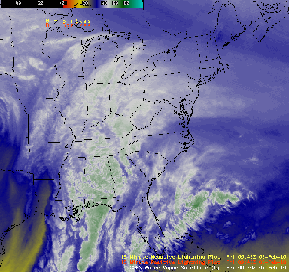GOES-12 6.5 Âµm water vapor images + cloud-to-ground ligtning strikes