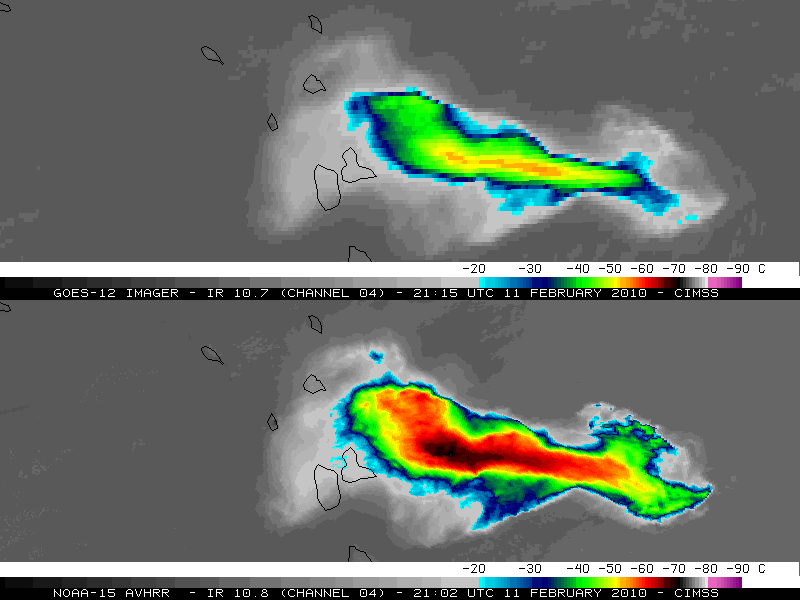 GOES-12 (top) and NOAA-15 (bottom) longwave IR images