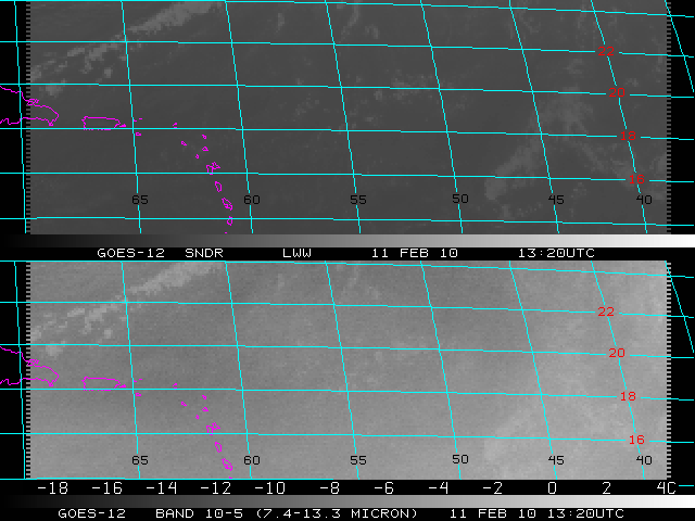 GOES-12 sounder IR images (top) and IR difference images (bottom)