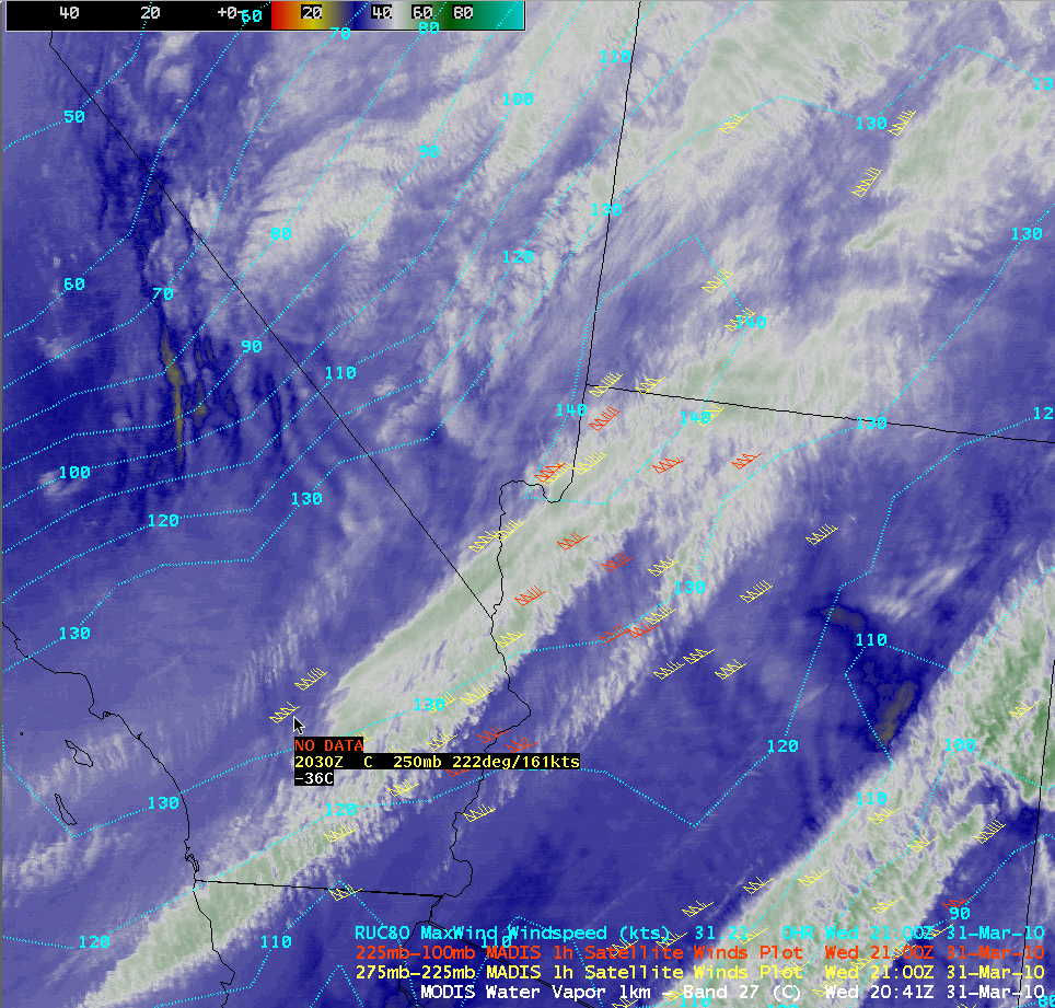 MODIS water vapor image + RUC winds speeds + MADIS AMVs