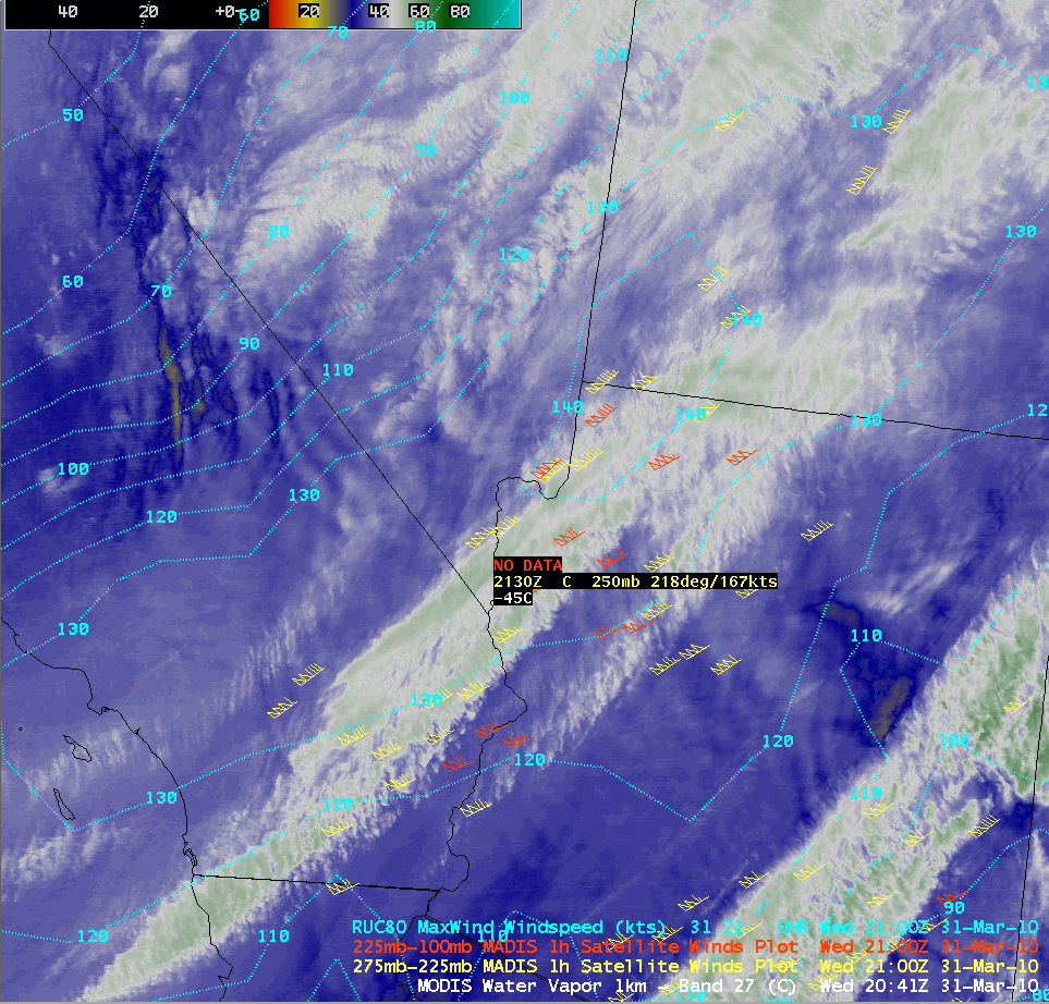 MODIS water vapor image + RUC wind speeds + MADIS AMVs
