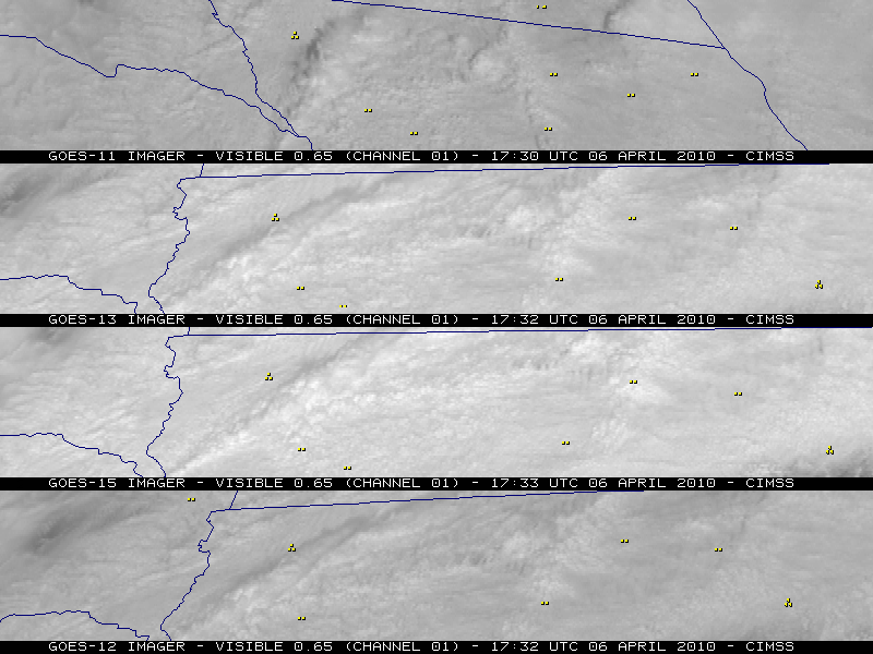 GOES-11, GOES-13, GOES-15, and GOES-12 visible images (northern Iowa)