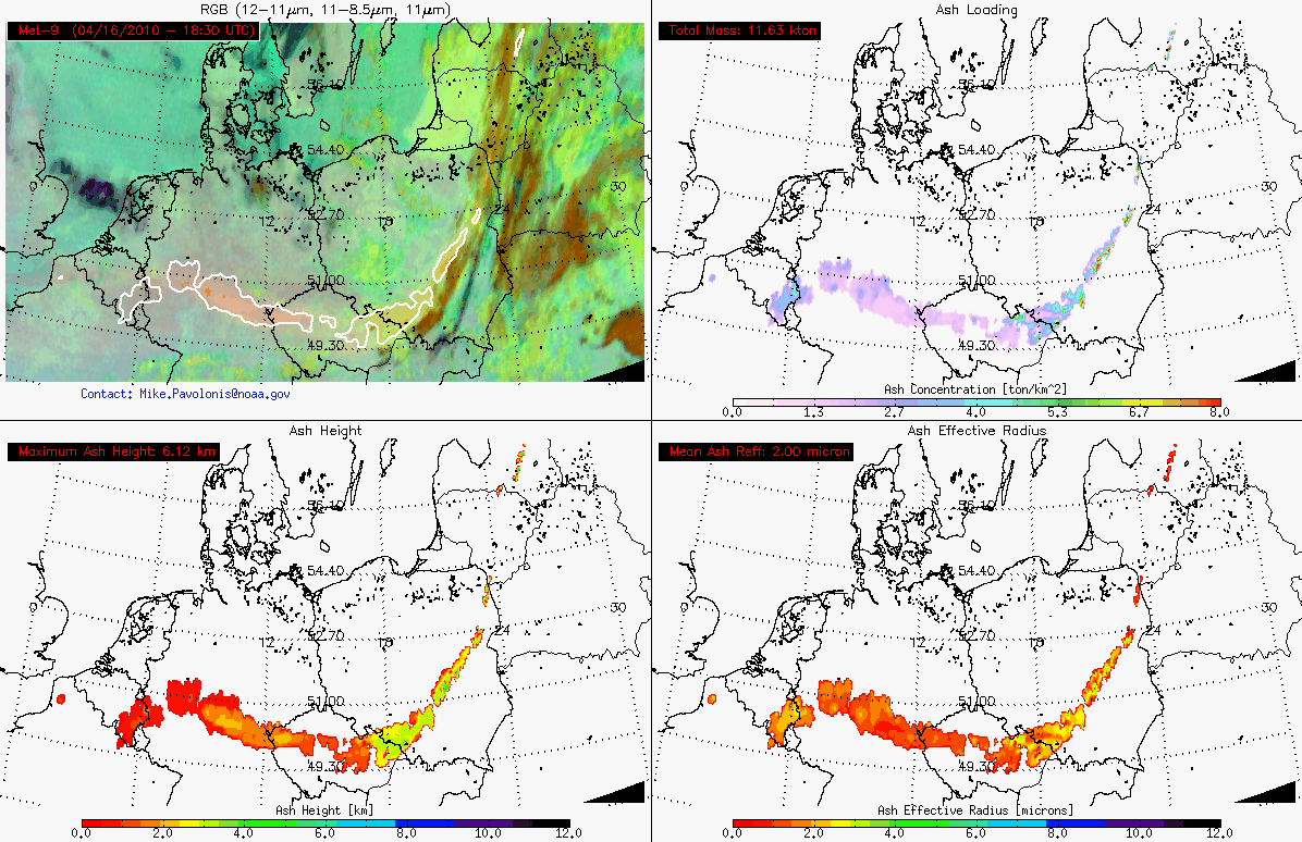 Meteosat-9 volcanic ash products at 18:30 UTC on 16 April