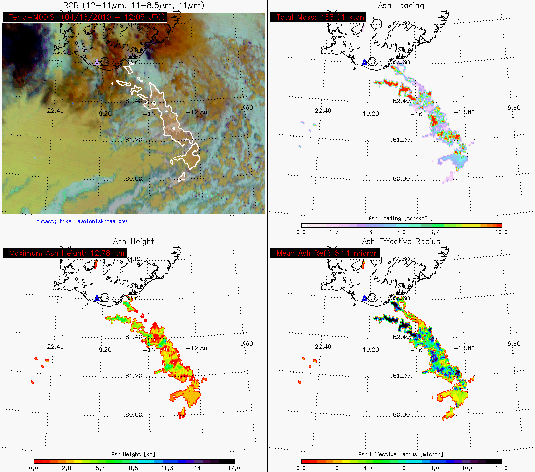 MODIS volcanic ash products at 12:05 UTC on 18 April