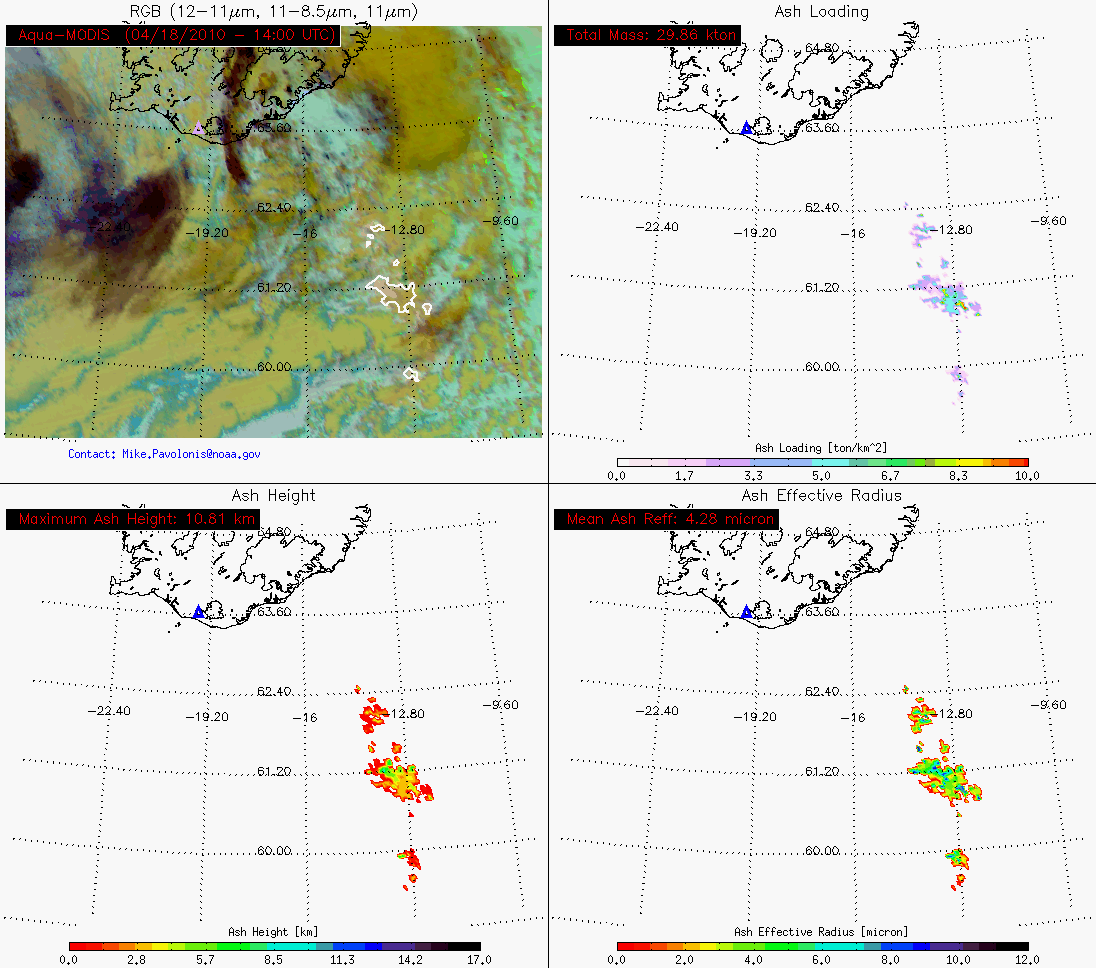 MODIS volcanic ash products at 14:00 UTC on 18 April
