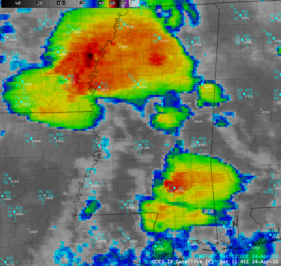 GOES-13 10.7 Âµm IR images + METAR surface reports