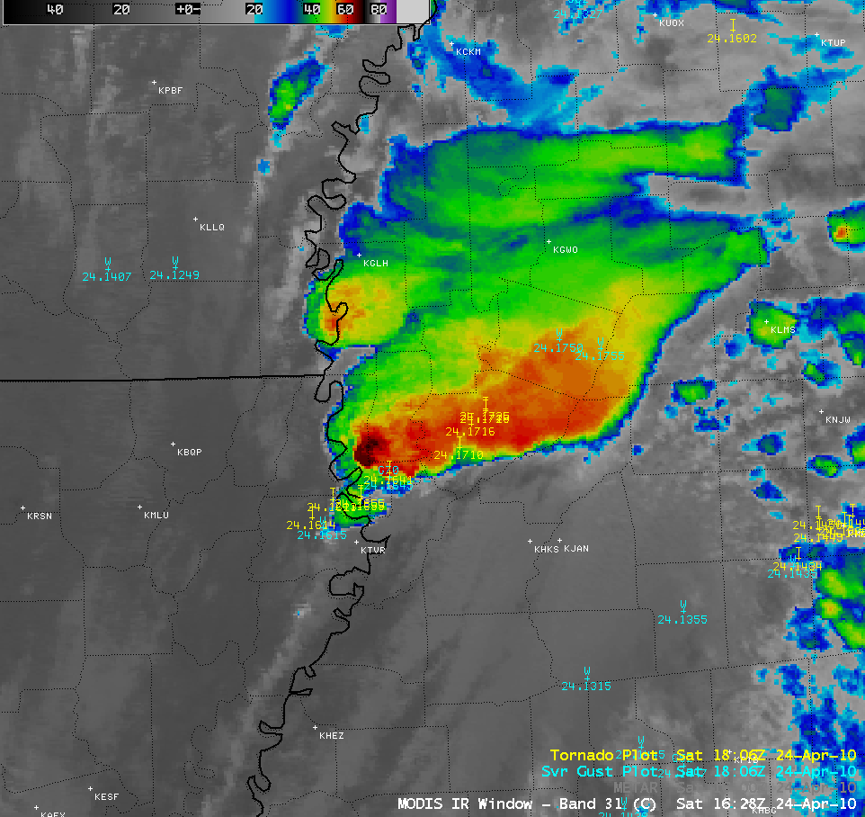 MODIS 11.0 Âµm IR and GOES-13 10.7 Âµm IR images (with overlays of severe reports)