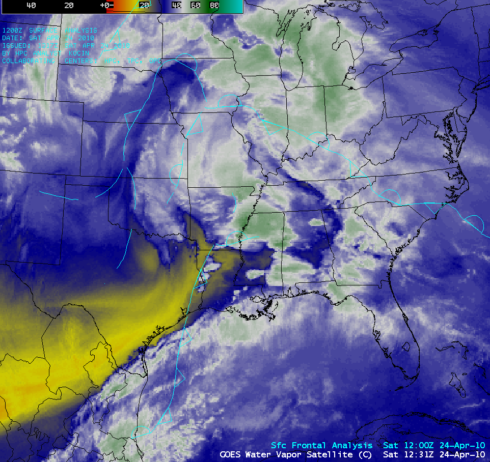 GOES-13 6.5 Âµm water vapor imagery + surface fronts