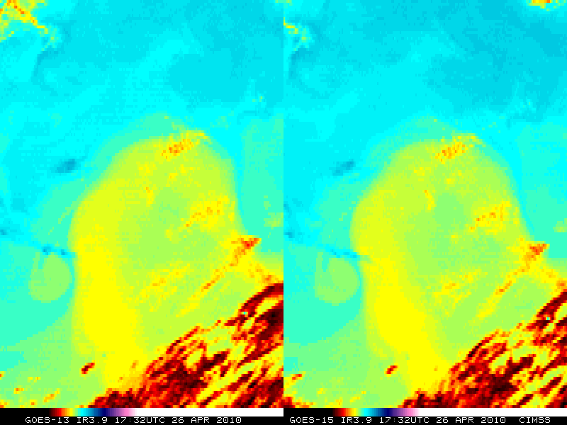 GOES-13 and GOES-15 3.9 Âµm shortwave IR images