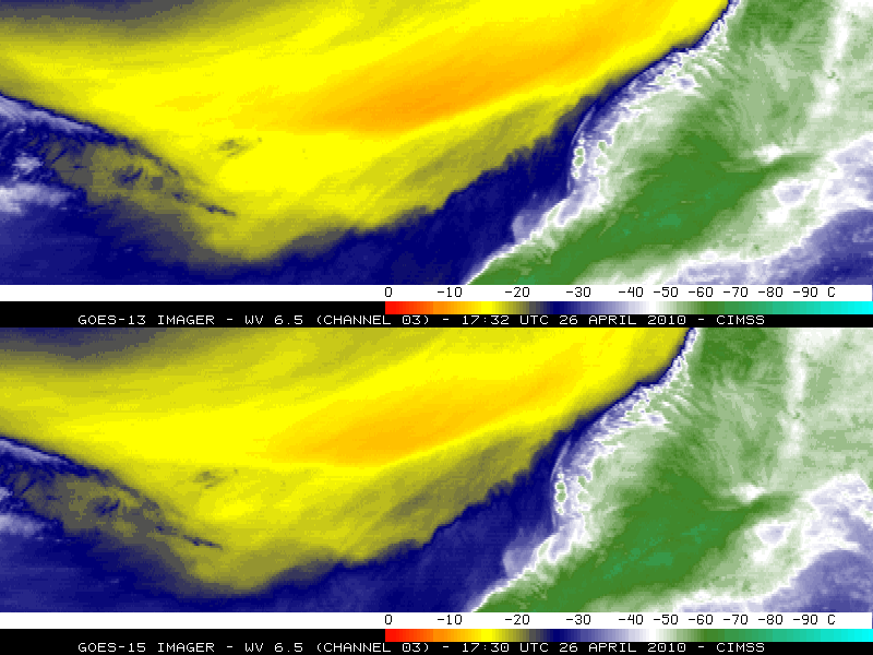 GOES-13 and GOES-15 6.5 Âµm water vapor images