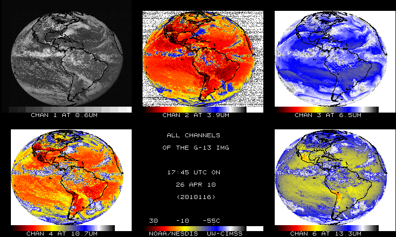GOES-13 multi-panel display of the Imager visible and IR channels