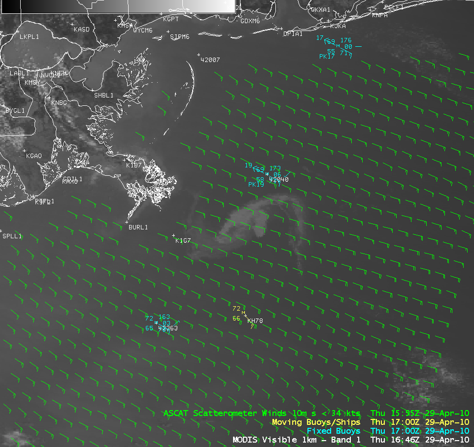 MODIS visible image + surface buoy/ship data + ASCAT scatterometer winds