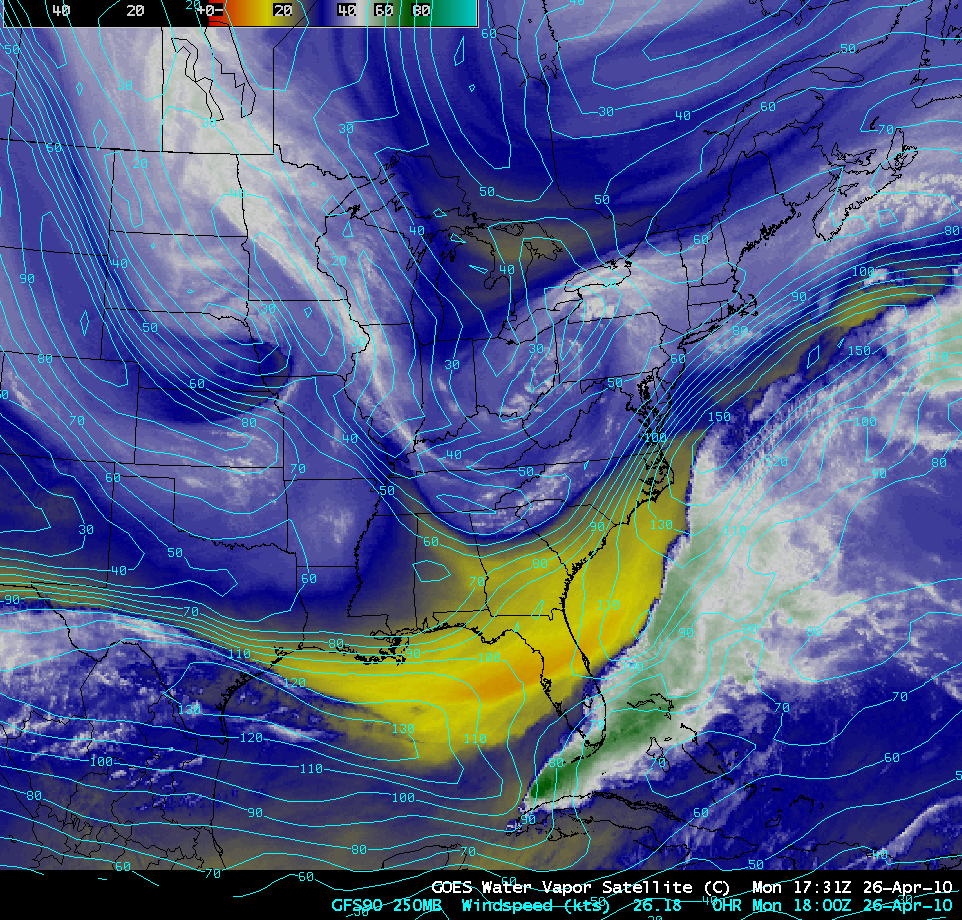 GOES-13 water vapor image + GFS 250 hPa wind speed isotachs