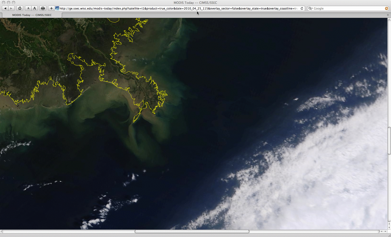17:21 UTC Terra and 18:56 UTC Aqua MODIS true color mages on 25 April 2010