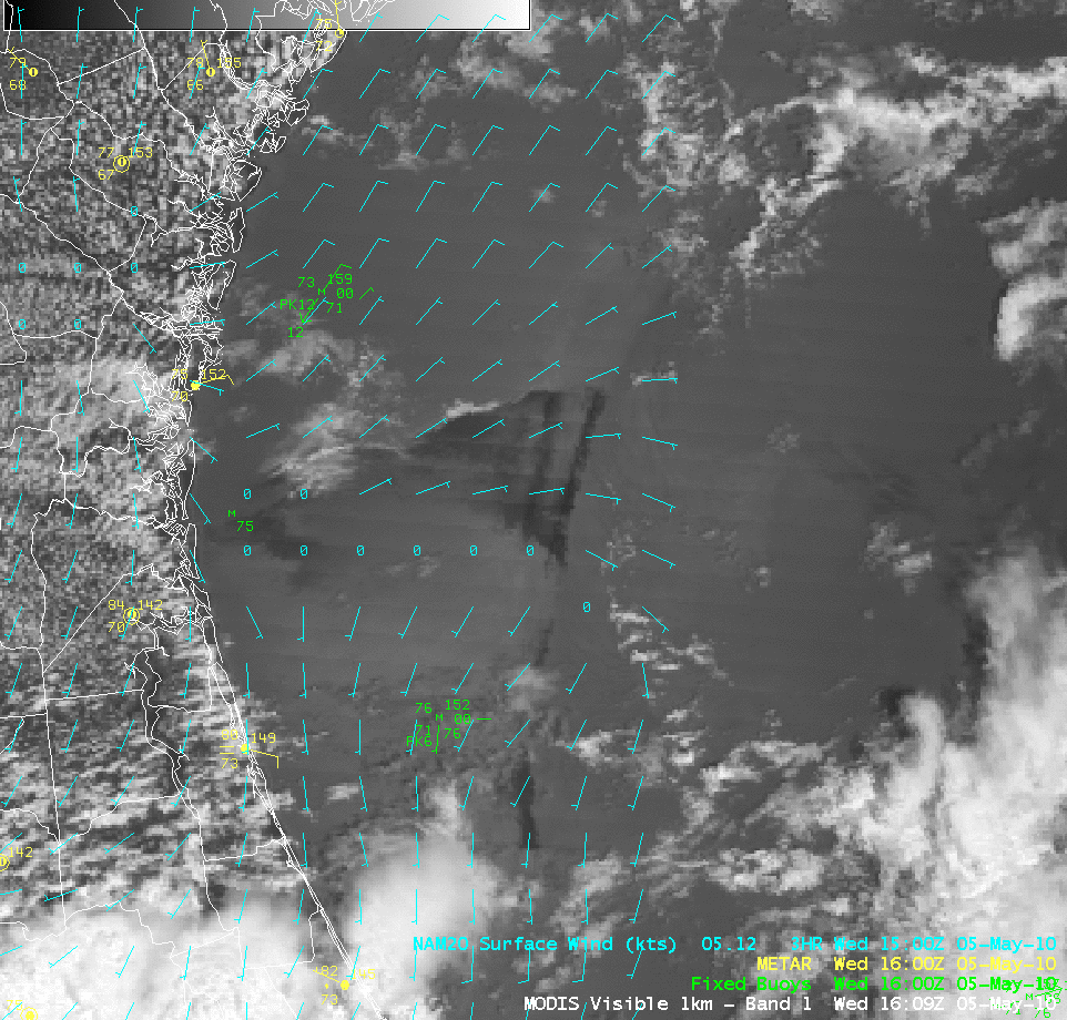 MODIS 0.65 visible image + MODIS Sea Surface Temperature product + NAM surface winds