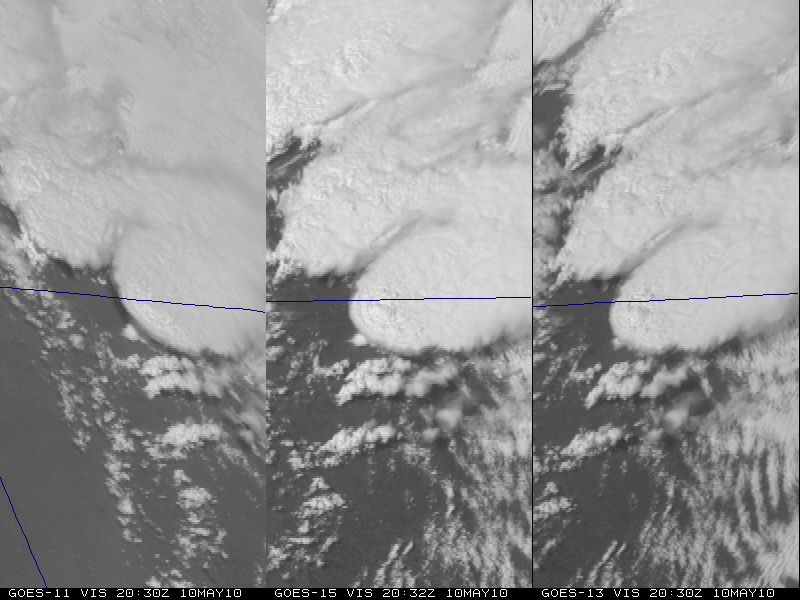 GOES-11, GOES-15, and GOES-13 visible images during the 20:30-20:45 UTC period