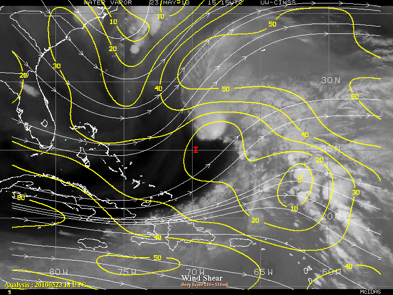 GOES-13 water vapor images + deep layer wind shear