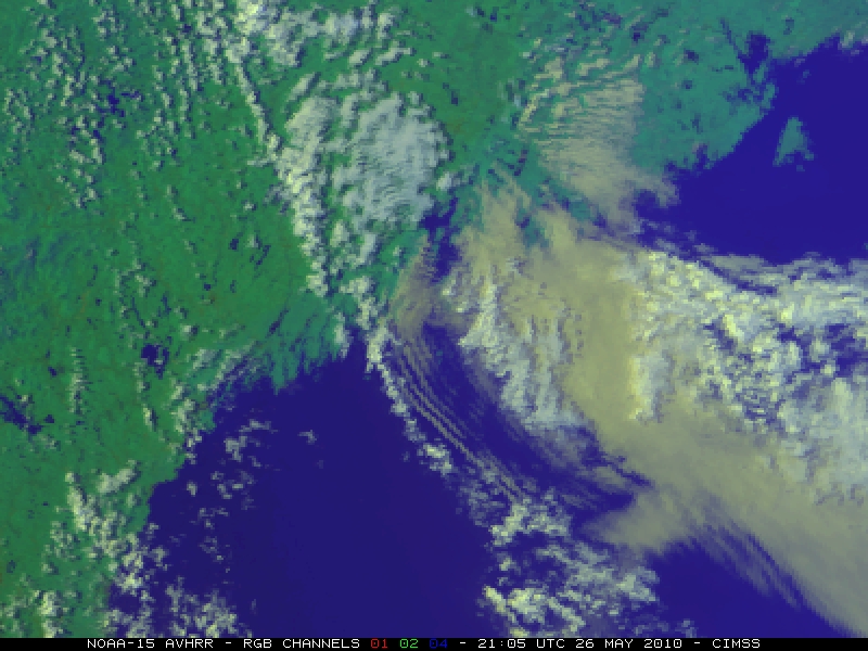 NOAA-15 AVHRR false color RGB image (using channels 01/02/04)