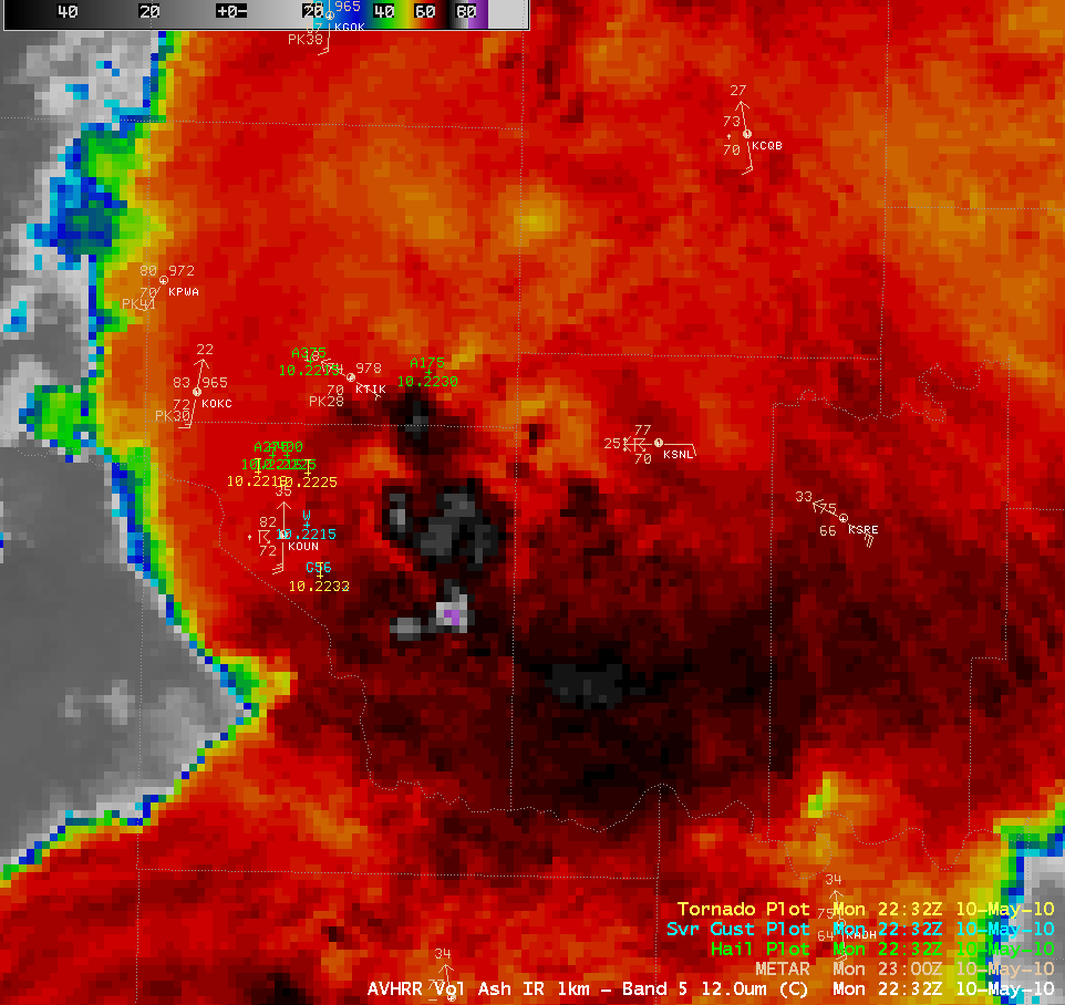 POES AVHRR 12.0 Âµm IR image + SPC storm reports + surface METAR data