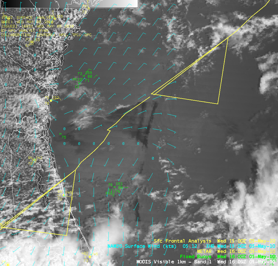 MODIS 0.65 Âµm visible image + NAM surface winds + HPC surface frontal analysis